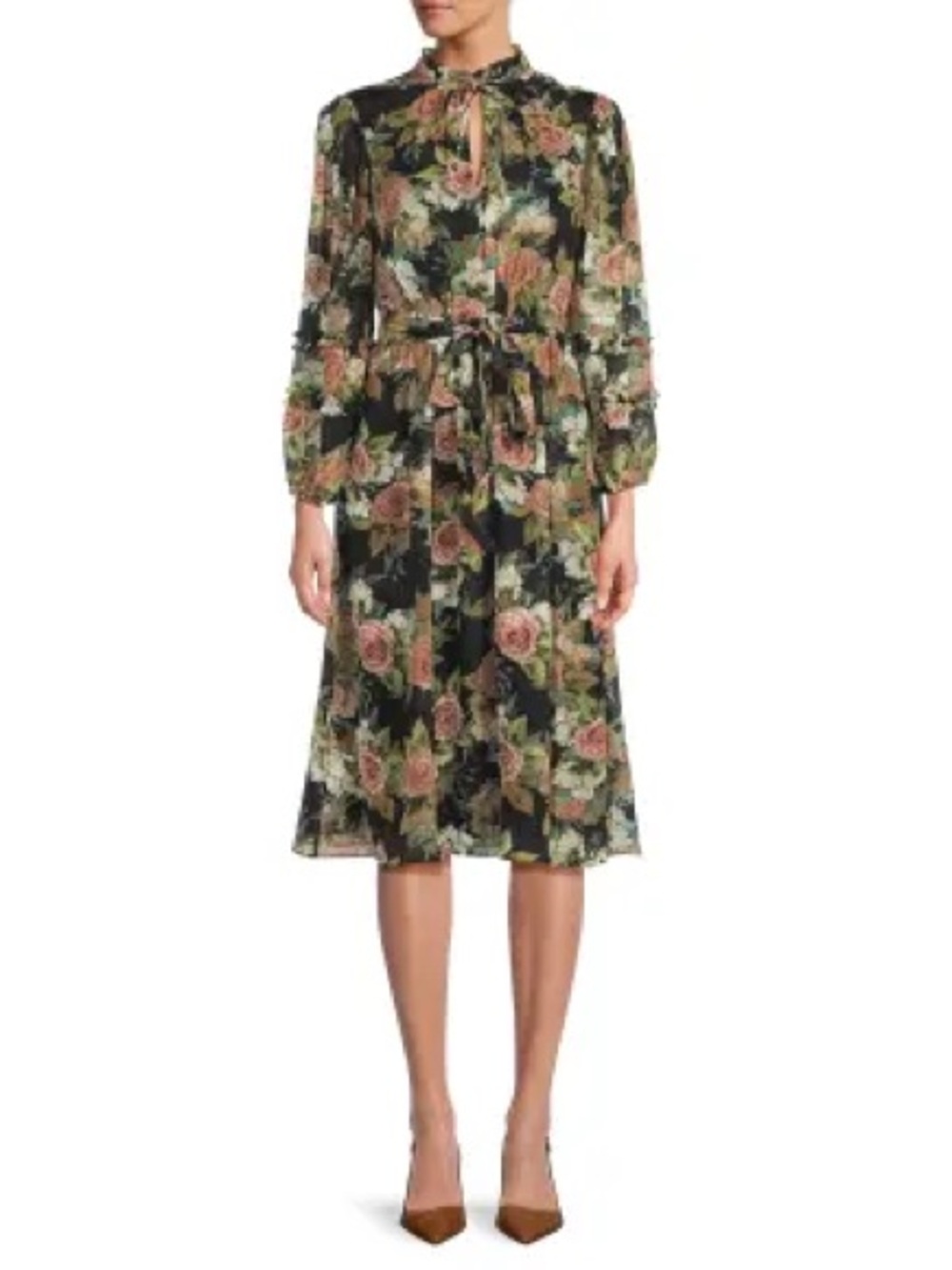 Mikael Aghal Black Floral Tie-Waist Midi Dress